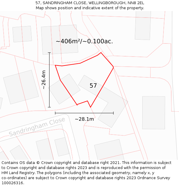 57, SANDRINGHAM CLOSE, WELLINGBOROUGH, NN8 2EL: Plot and title map