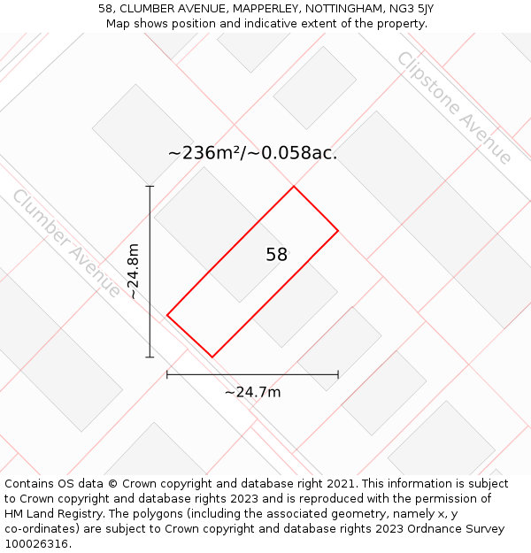 58, CLUMBER AVENUE, MAPPERLEY, NOTTINGHAM, NG3 5JY: Plot and title map