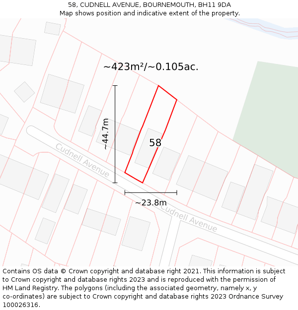 58, CUDNELL AVENUE, BOURNEMOUTH, BH11 9DA: Plot and title map