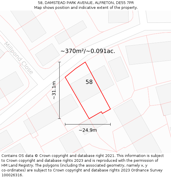 58, DAMSTEAD PARK AVENUE, ALFRETON, DE55 7PR: Plot and title map