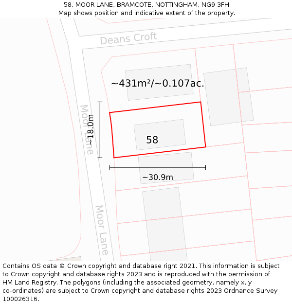 58, MOOR LANE, BRAMCOTE, NOTTINGHAM, NG9 3FH: Plot and title map