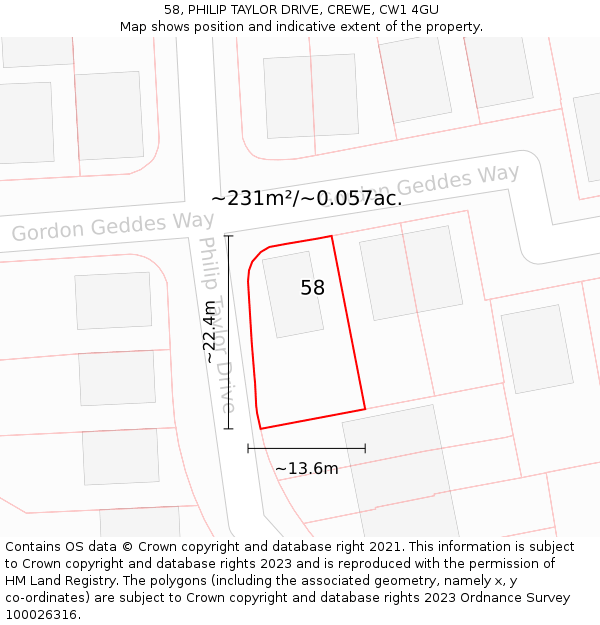 58, PHILIP TAYLOR DRIVE, CREWE, CW1 4GU: Plot and title map