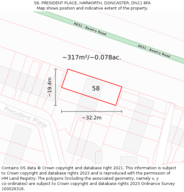 58, PRESIDENT PLACE, HARWORTH, DONCASTER, DN11 8FA: Plot and title map