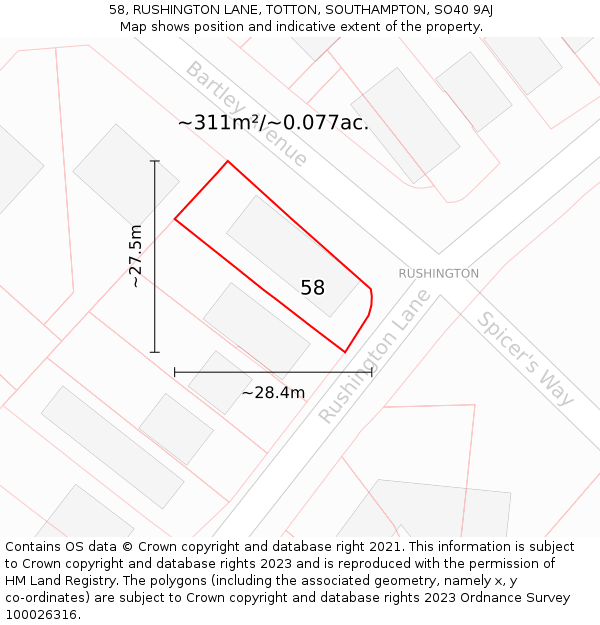 58, RUSHINGTON LANE, TOTTON, SOUTHAMPTON, SO40 9AJ: Plot and title map