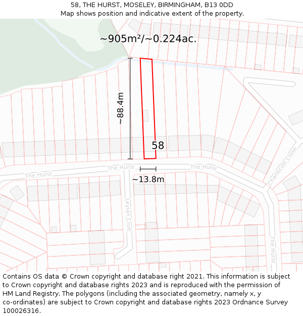 58, THE HURST, MOSELEY, BIRMINGHAM, B13 0DD: Plot and title map