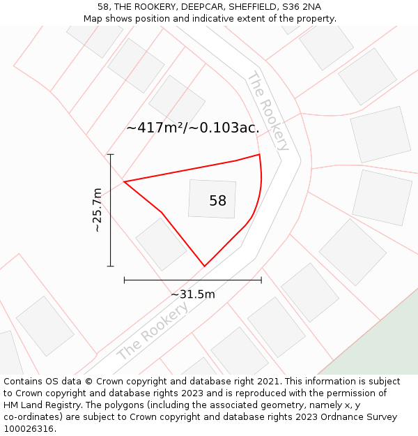 58, THE ROOKERY, DEEPCAR, SHEFFIELD, S36 2NA: Plot and title map