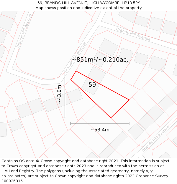 59, BRANDS HILL AVENUE, HIGH WYCOMBE, HP13 5PY: Plot and title map