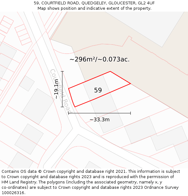 59, COURTFIELD ROAD, QUEDGELEY, GLOUCESTER, GL2 4UF: Plot and title map