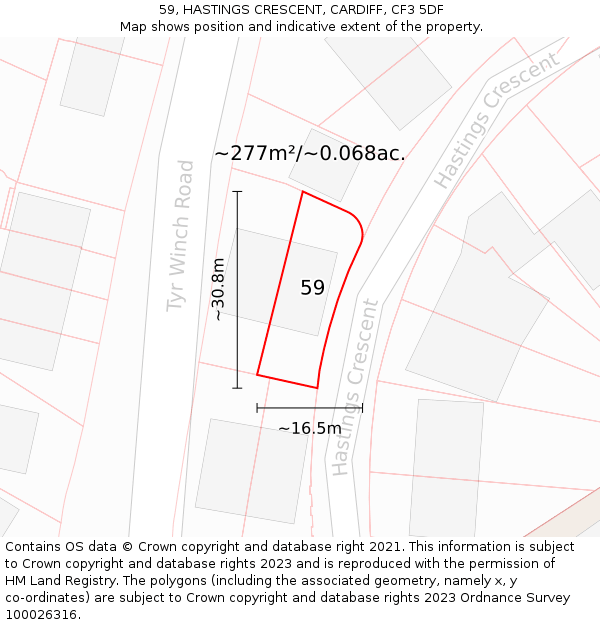 59, HASTINGS CRESCENT, CARDIFF, CF3 5DF: Plot and title map