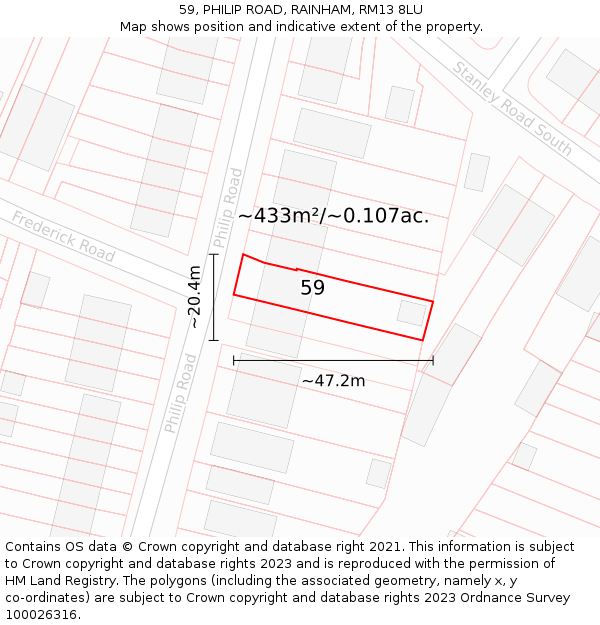 59, PHILIP ROAD, RAINHAM, RM13 8LU: Plot and title map