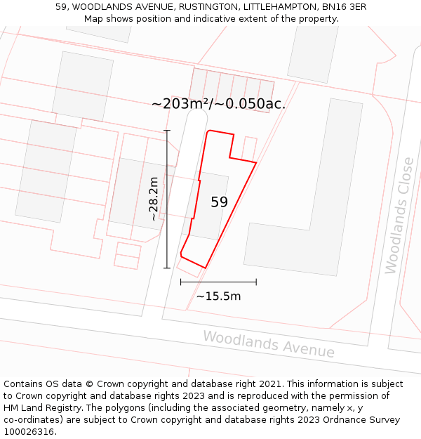 59, WOODLANDS AVENUE, RUSTINGTON, LITTLEHAMPTON, BN16 3ER: Plot and title map