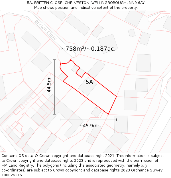 5A, BRITTEN CLOSE, CHELVESTON, WELLINGBOROUGH, NN9 6AY: Plot and title map