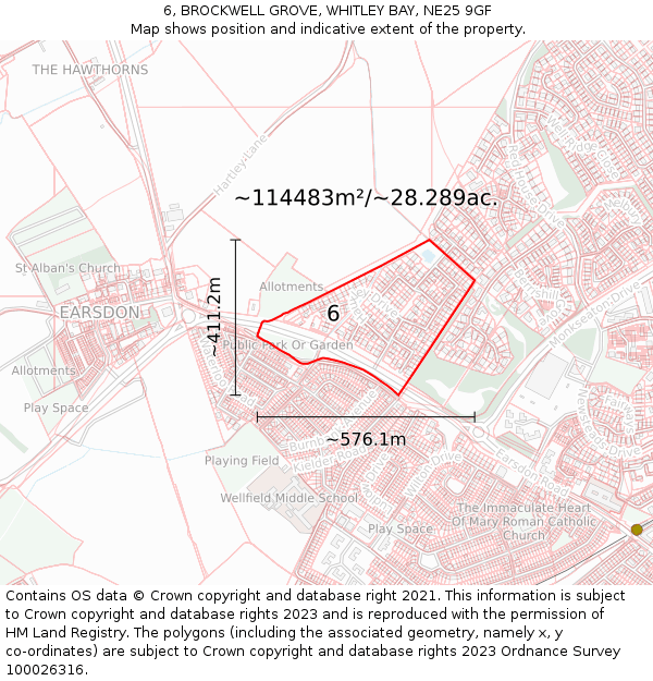 6, BROCKWELL GROVE, WHITLEY BAY, NE25 9GF: Plot and title map