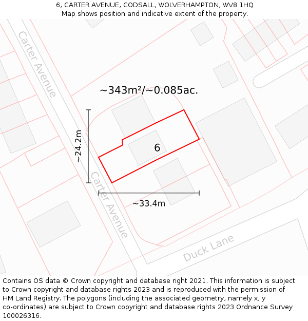 6, CARTER AVENUE, CODSALL, WOLVERHAMPTON, WV8 1HQ: Plot and title map