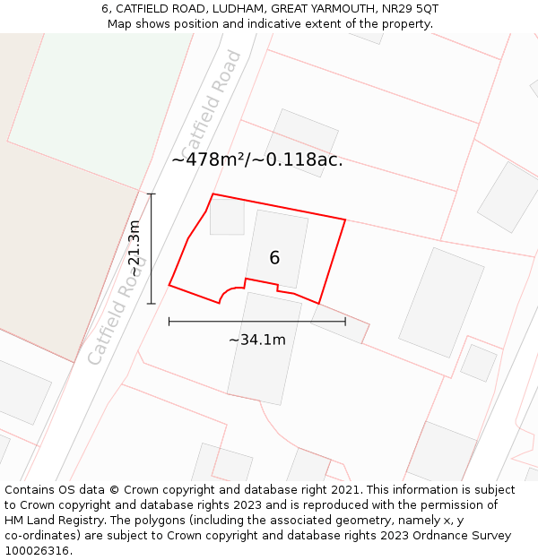 6, CATFIELD ROAD, LUDHAM, GREAT YARMOUTH, NR29 5QT: Plot and title map