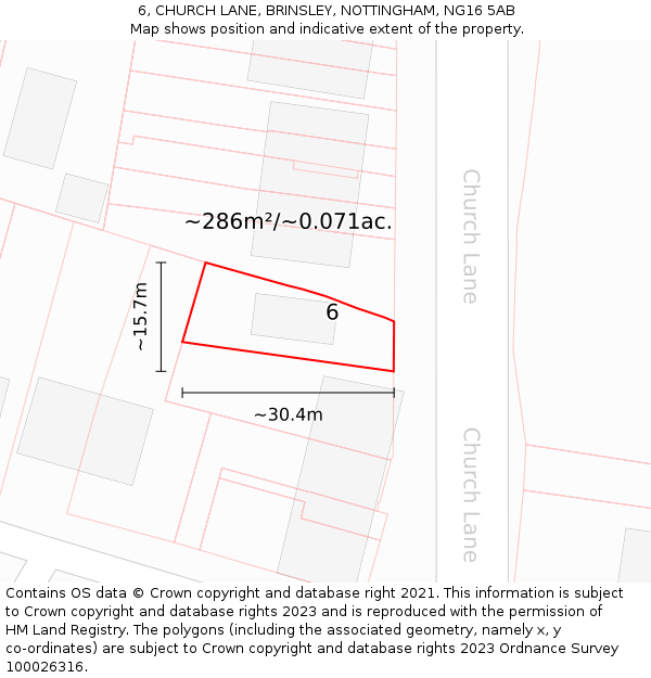 6, CHURCH LANE, BRINSLEY, NOTTINGHAM, NG16 5AB: Plot and title map