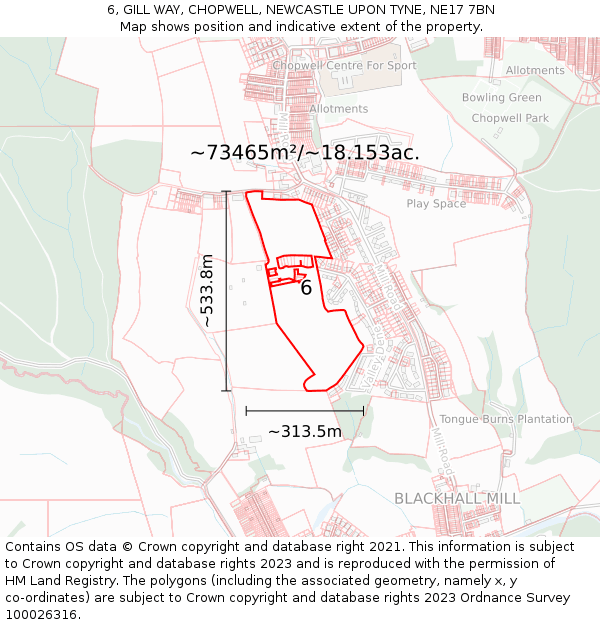 6, GILL WAY, CHOPWELL, NEWCASTLE UPON TYNE, NE17 7BN: Plot and title map