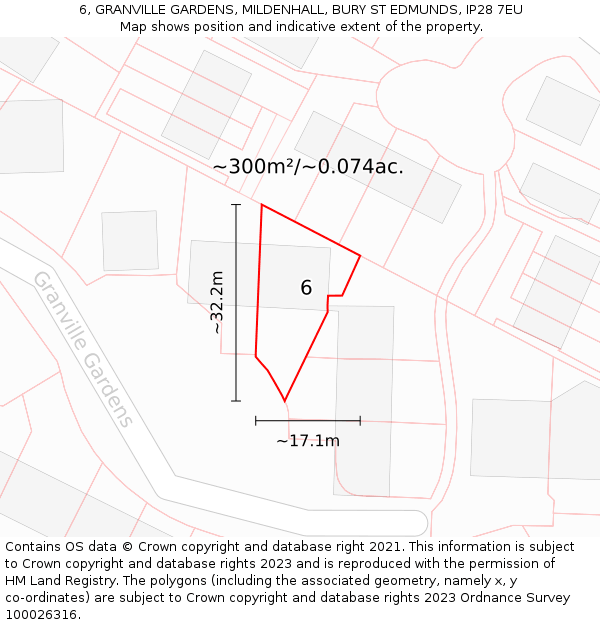 6, GRANVILLE GARDENS, MILDENHALL, BURY ST EDMUNDS, IP28 7EU: Plot and title map