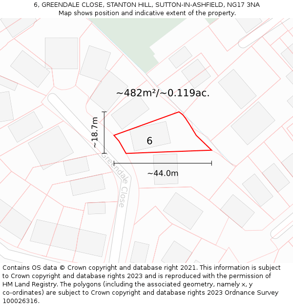 6, GREENDALE CLOSE, STANTON HILL, SUTTON-IN-ASHFIELD, NG17 3NA: Plot and title map