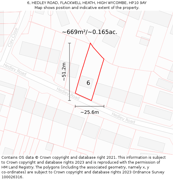 6, HEDLEY ROAD, FLACKWELL HEATH, HIGH WYCOMBE, HP10 9AY: Plot and title map