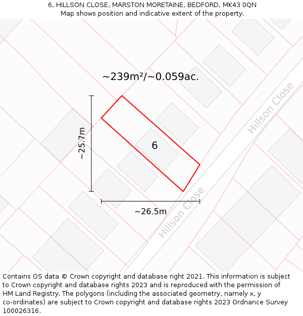 6, HILLSON CLOSE, MARSTON MORETAINE, BEDFORD, MK43 0QN: Plot and title map