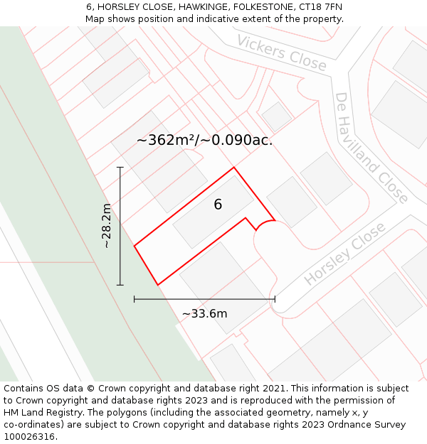 6, HORSLEY CLOSE, HAWKINGE, FOLKESTONE, CT18 7FN: Plot and title map