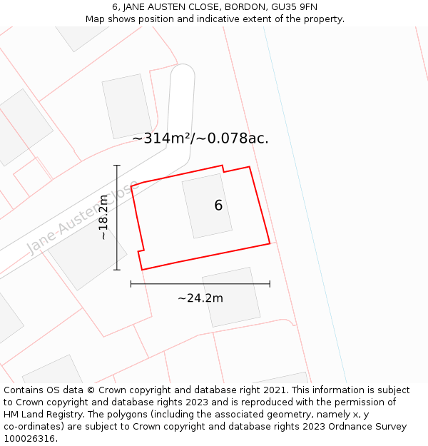 6, JANE AUSTEN CLOSE, BORDON, GU35 9FN: Plot and title map