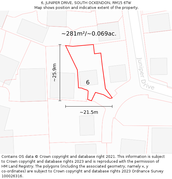 6, JUNIPER DRIVE, SOUTH OCKENDON, RM15 6TW: Plot and title map