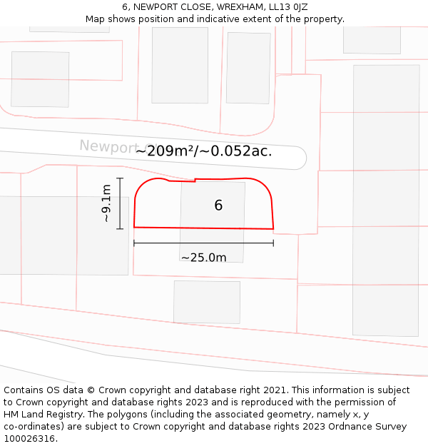 6, NEWPORT CLOSE, WREXHAM, LL13 0JZ: Plot and title map