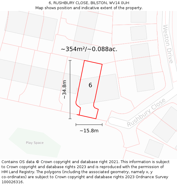 6, RUSHBURY CLOSE, BILSTON, WV14 0UH: Plot and title map