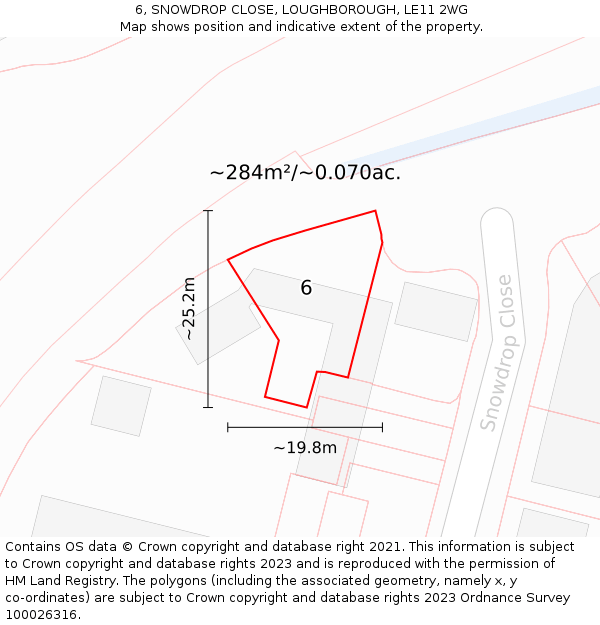 6, SNOWDROP CLOSE, LOUGHBOROUGH, LE11 2WG: Plot and title map