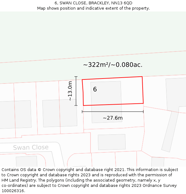 6, SWAN CLOSE, BRACKLEY, NN13 6QD: Plot and title map