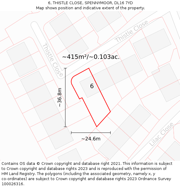 6, THISTLE CLOSE, SPENNYMOOR, DL16 7YD: Plot and title map