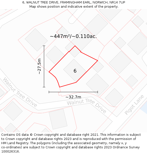 6, WALNUT TREE DRIVE, FRAMINGHAM EARL, NORWICH, NR14 7UP: Plot and title map