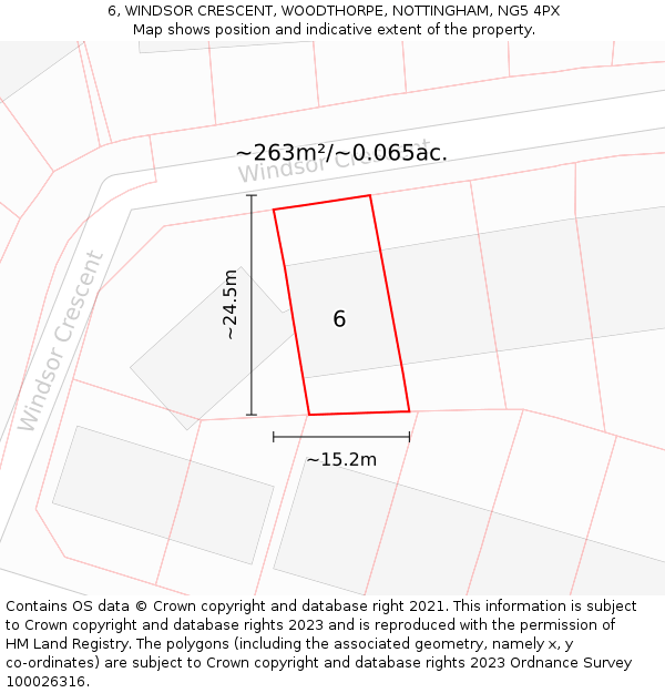 6, WINDSOR CRESCENT, WOODTHORPE, NOTTINGHAM, NG5 4PX: Plot and title map