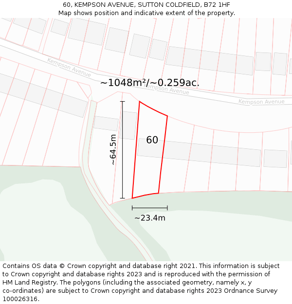 60, KEMPSON AVENUE, SUTTON COLDFIELD, B72 1HF: Plot and title map