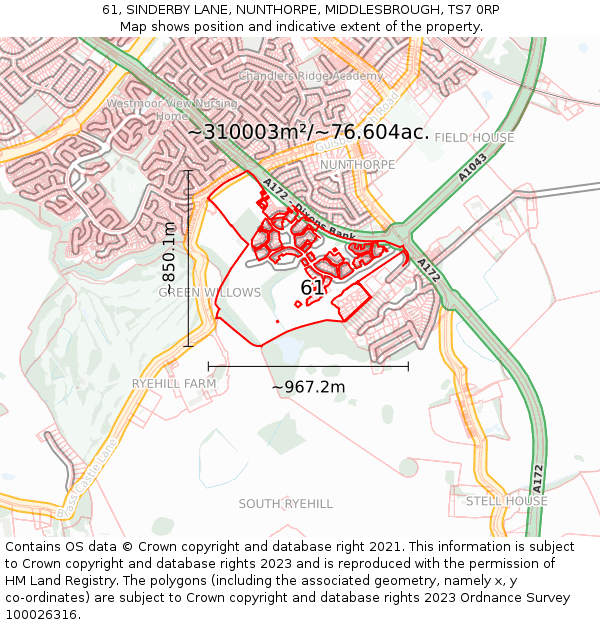 61, SINDERBY LANE, NUNTHORPE, MIDDLESBROUGH, TS7 0RP: Plot and title map