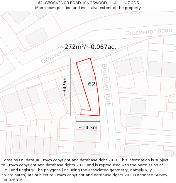 62, GROSVENOR ROAD, KINGSWOOD, HULL, HU7 3DS: Plot and title map