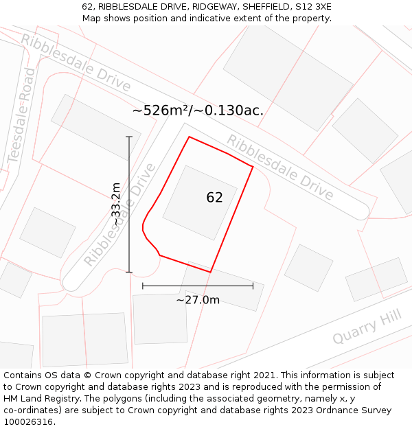 62, RIBBLESDALE DRIVE, RIDGEWAY, SHEFFIELD, S12 3XE: Plot and title map