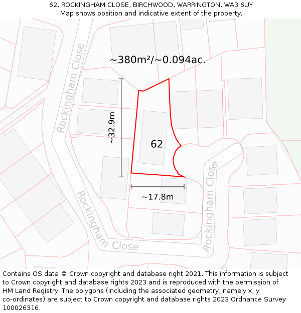 62, ROCKINGHAM CLOSE, BIRCHWOOD, WARRINGTON, WA3 6UY: Plot and title map