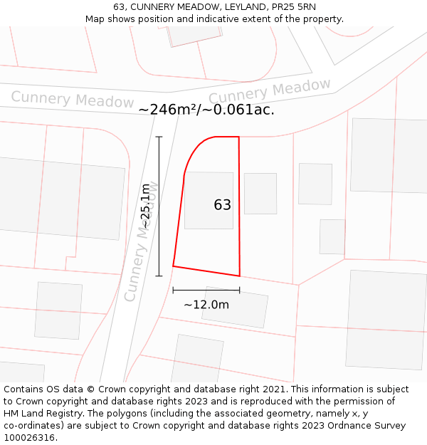 63, CUNNERY MEADOW, LEYLAND, PR25 5RN: Plot and title map