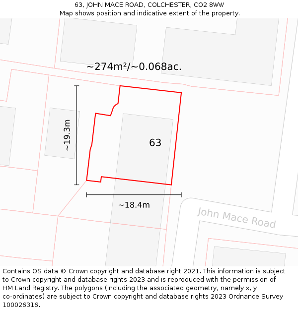 63, JOHN MACE ROAD, COLCHESTER, CO2 8WW: Plot and title map