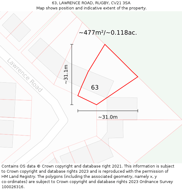 63, LAWRENCE ROAD, RUGBY, CV21 3SA: Plot and title map