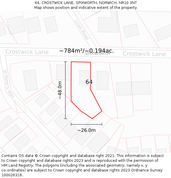 64, CROSTWICK LANE, SPIXWORTH, NORWICH, NR10 3NT: Plot and title map