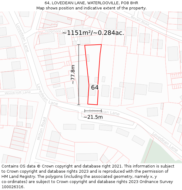 64, LOVEDEAN LANE, WATERLOOVILLE, PO8 8HR: Plot and title map