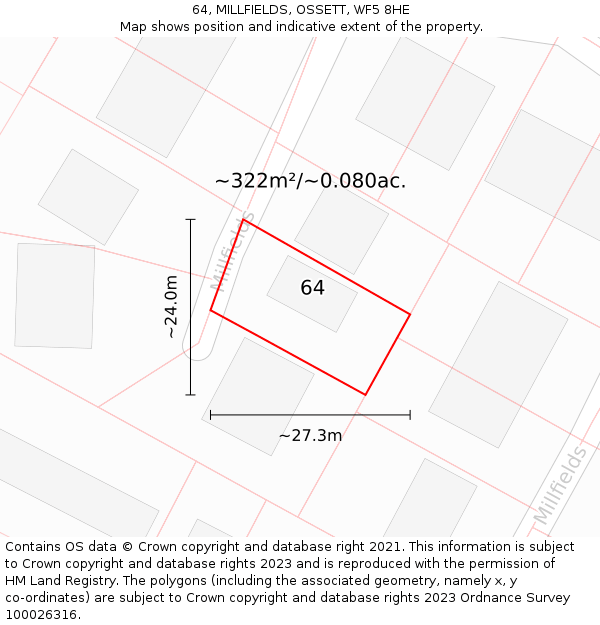 64, MILLFIELDS, OSSETT, WF5 8HE: Plot and title map