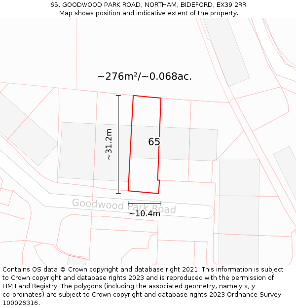 65, GOODWOOD PARK ROAD, NORTHAM, BIDEFORD, EX39 2RR: Plot and title map