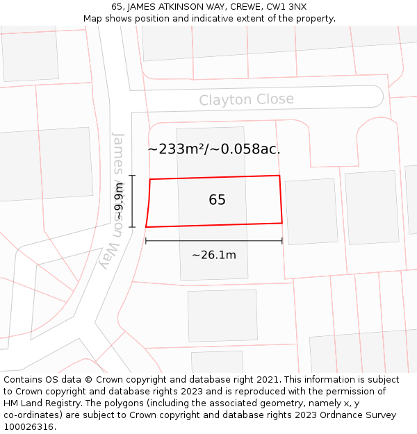 65, JAMES ATKINSON WAY, CREWE, CW1 3NX: Plot and title map