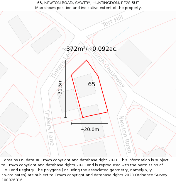 65, NEWTON ROAD, SAWTRY, HUNTINGDON, PE28 5UT: Plot and title map