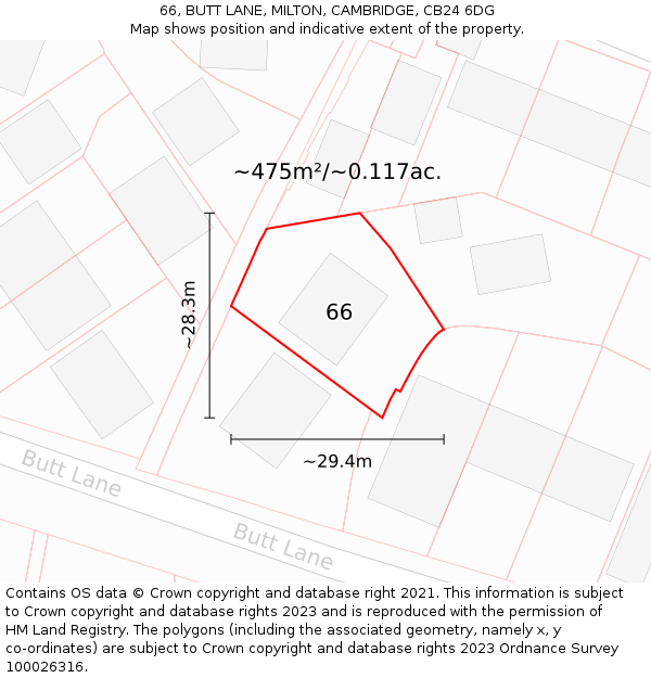 66, BUTT LANE, MILTON, CAMBRIDGE, CB24 6DG: Plot and title map